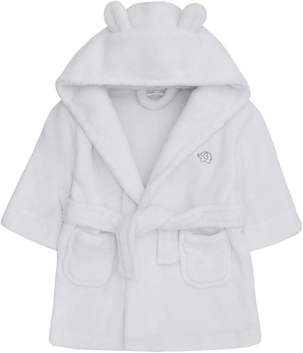 Baby Boys & Girls Unisex Dressing Gown (Ages 6-24 Months) Soft Plush Flannel Fleece Hooded Bath Robe (18-24 Months, White): Clothing