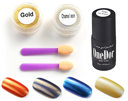 UPC 709311890361, OneDor Chrome Shinning Glitter Mirror Nail Powder &amp; No Wipe Gel Top Coat - UV Led Cured Required (Gold &amp; Chamelon + Gel Top Coat)