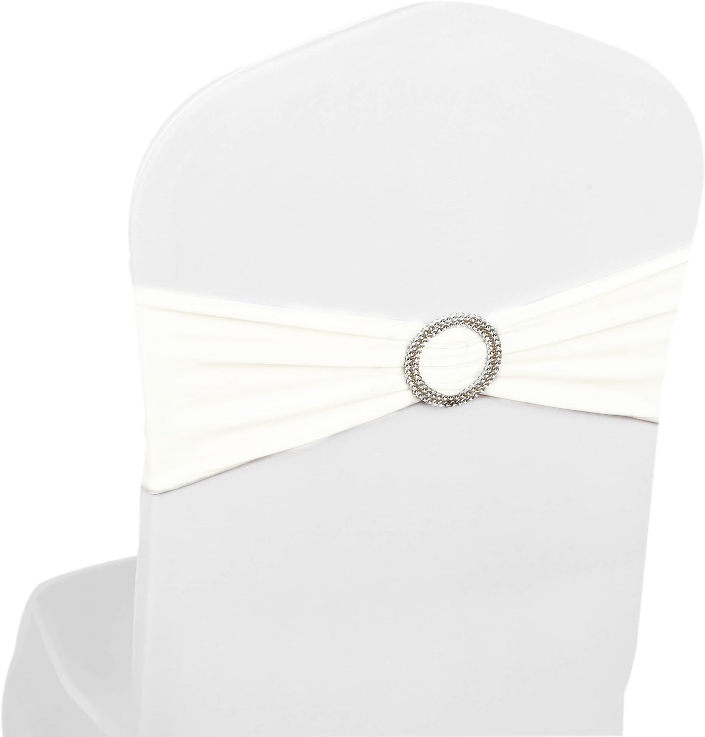 Elastic Stretch Spandex Chair Covers Sashes Bands With Buckle Bows For Wedding Home Party Suppliers Decorations (Off White, 50PCS)