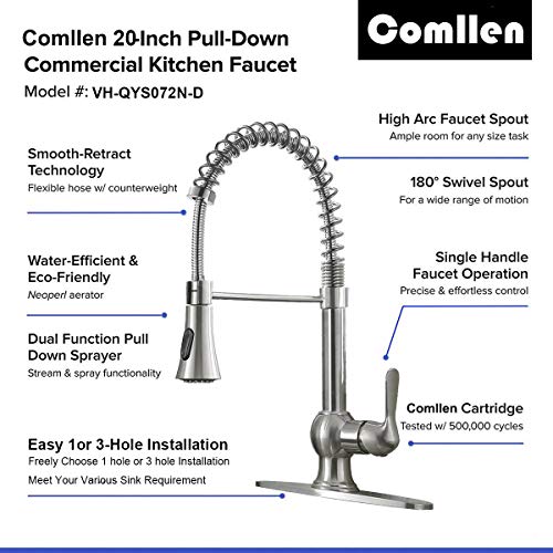 Comllen Lead Free Modern Stainless Steel Brushed Nickel Pull Down Kitchen Sink Faucet, Pull Out Sprayer Kitchen Faucet With Cover Plate