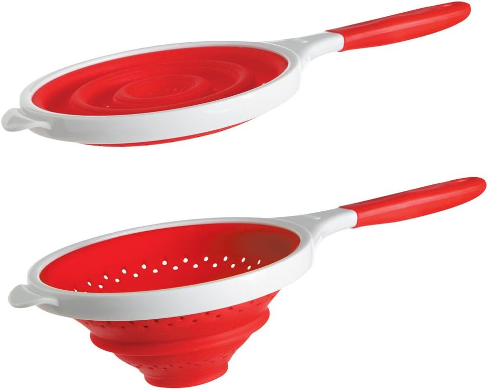 Dexas POP Collapsible Silicone Hand Held Strainer, 8 inch diameter, Red and White