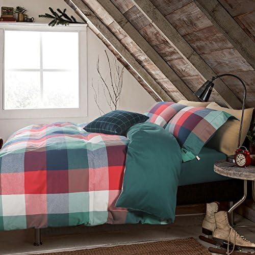 UFO Home 100% Cotton Flannel 3pc Duvet Cover Set, Yarn-dyed Bedding Set, 600 Thread Count High Percale, Red Green White Plaid, No Inside Filler, Button Close, Machine Washable (Queen, Symons-WL)