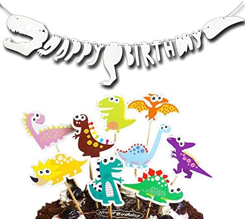 Dinosaur Happy Birthday Banner Garland – Dinosaur Party Supplies and Decorations – Premium T-Rex Raptor Design – Cartoon Kawaii Dinosaur Cake Toppers 9 Pcs