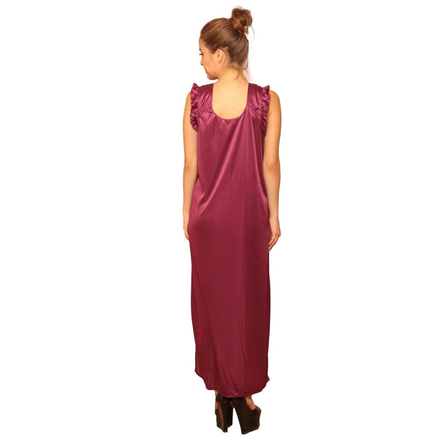 clovia women's 4 pcs satin nightwear in wine - robe, nightie, top, capri