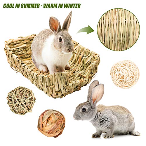 Portable Grass Bed with Grass Balls, Natural Straw Woven Grass Bed Sleeping Pad Bunny Chew Toys Hay Mat for Rabbit Hamster Gerbil Chinchilla Guinea Pig Mice Other Small Animals (Set 1)