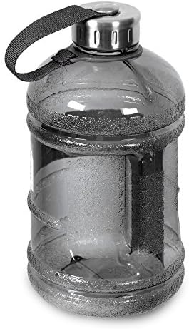 1/2 Gallon BPA Free FDA Approved Reusable Plastic Drinking Water Bottle Jug Container w/ Hand Holder Canteen and Stainless Steel Cap (Black)