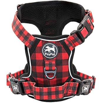 PoyPet No Pull Dog Harness, [Release on Neck] Reflective Adjustable No Choke Pet Vest with Front & Back 2 Leash Attachments, Soft Control Training Handle(Black+Red Grid,XS)