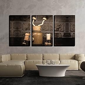 3 Piece Canvas Wall Art - Concept Stucking in a Pot with Wine Cork Figures - Modern Home Art Stretched and Framed Ready to Hang - 16"x24"x3 Panels