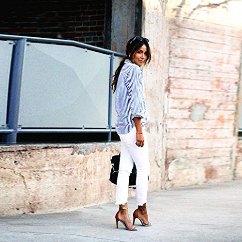 Nevera Women Striped Long Sleeve Loose V Neck Blouse Casual Ladies T Shirt Tops (L, Blue)