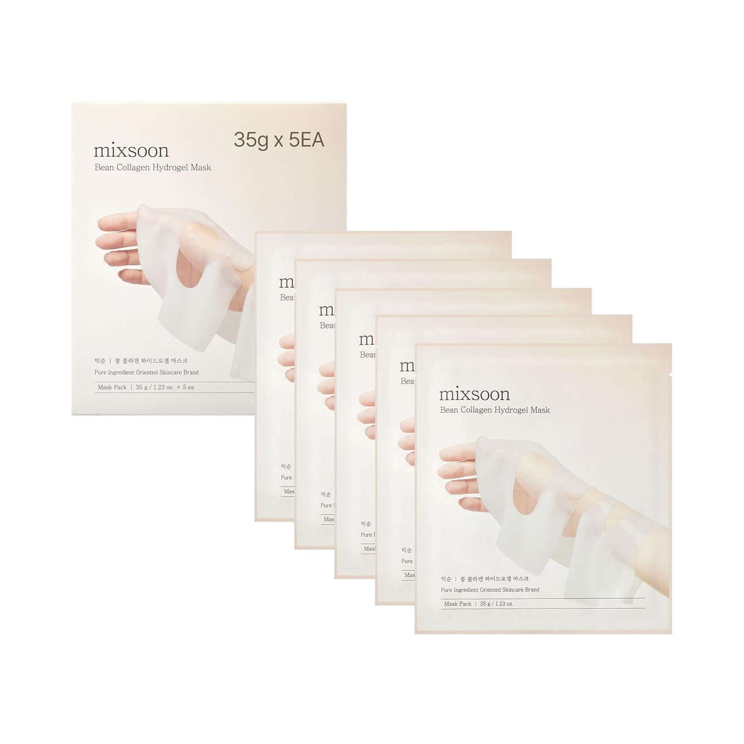 mixsoon Bean Collagen Hydrogel Mask - Fermented Soybean & Low-Molecular Collagen for Refined Clarity, Firming Pomegranate & Pear Juice Extracts for Bouncy & Vibrant Skin, Hydrating Glow, 5ea