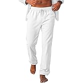 Runcati Mens Casual Pants Drawstring Elastic Waist Lightweight Linen Pants Loose Fit Straight Legs Beach Trousers