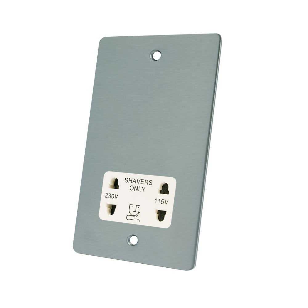 AET FSCSHAWH Satin Chrome Flat White Insert 2-Gang Dual Voltage 115V/230V Shaver Socket, 240 V