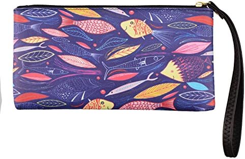 Women’s Long Simple Wallet, Makeup bag Zipper coin Purse Clutch Handbag (Violet leaf fish)