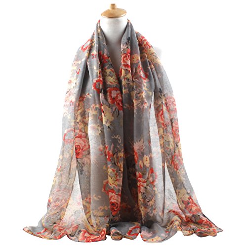 GERINLY Lightweight Scarves: Fashion Flowers Print Shawl Wrap For Women (Grey)