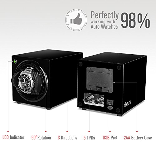 Cheopz Black USB Single Watch Winder Box for Automatic Watch Dual Powered by Batteries & USB