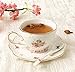 ufengke European Embossment Flowers Bone China Coffee Cup, Tea Cup With Saucer, Golden Edge, Pink Flower And Blue Butterfly Painting