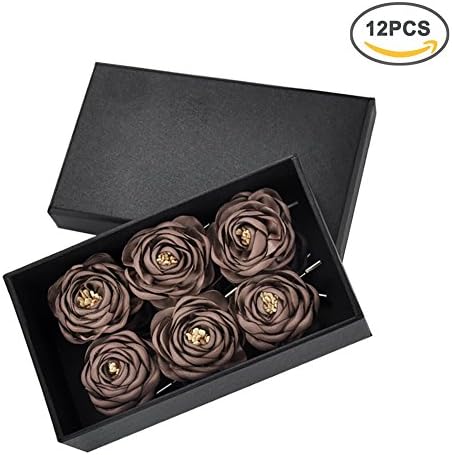 YSUCAU Handcrafted Lapel Pins Flower, Boutonniere Set For Suits Wedding Party, Gift Box Of 12 (Tan)