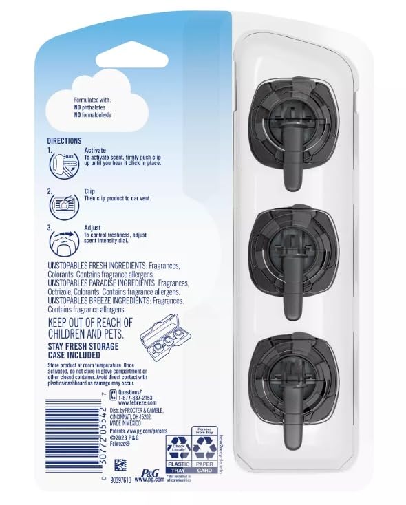 Febreze Unstopables Car Vent Clips Variety Pack - Fresh, Paradise, Breeze Scents - 3 Count Long-Lasting Odor Fighters