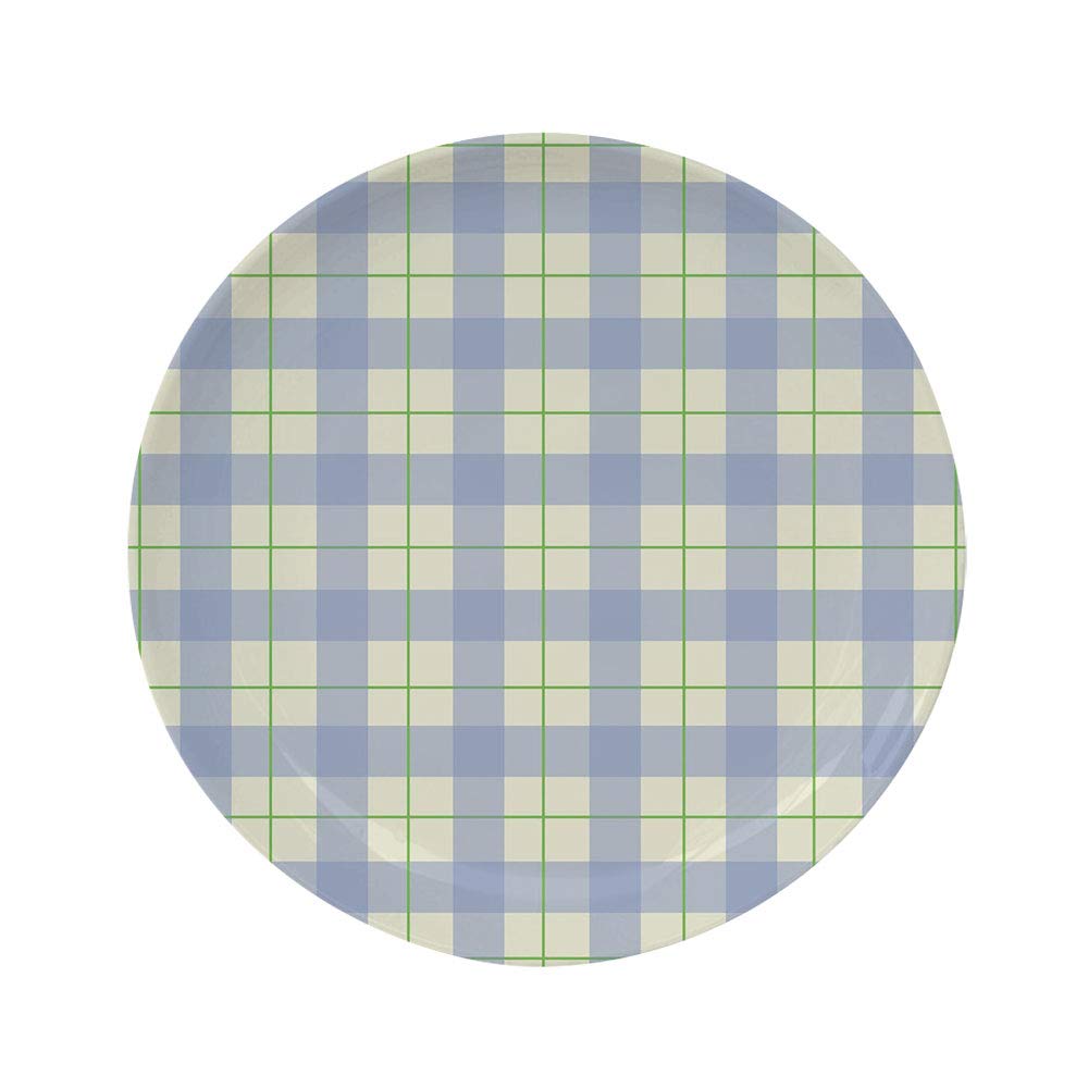 Ylljy00 Checkered 8" Dinner Plate,Celtic Style Classic Design Scottish Thin Lines Traditional Tile Decorative Ceramic Decorative Plates,Dining Table Tabletop Home Decor,Lime Green Baby Blue White