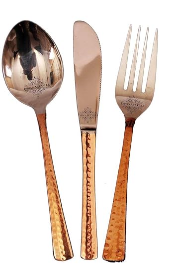Indian Art Villa Steel Copper Cutlery Spoon Fork Knife, Served with Dishes Tableware, Set of 3