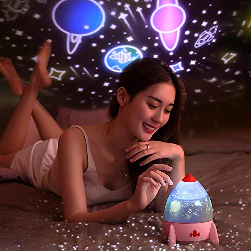 Esonstyle Musical Night Light,360 Rotating Star Lamp Rocket Projection Lamp Baby Musical Lamp with Rechargeable Battery,4 Music Rotating Remote Control and Timer Design Lamp