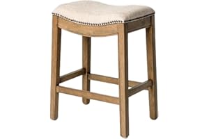 Maven Lane Adrien Backless Counter Stool – 26 Inches – Saddle Stool with Footrest – Natural Solid Wood Frame & Natural Fabric Upholstery – Perfect for Kitchen Islands & Counters