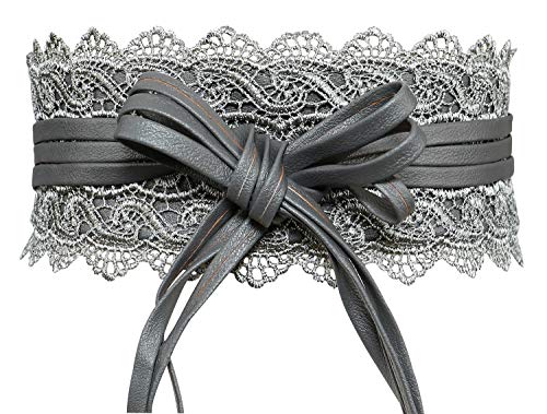 Lovful Women's Bowknot Lace Self Tie Belts Obi Waist Band Cinch Wide Boho Belt,Grey