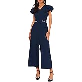 WOMLAYOUT Women's Formal Jumpsuits Ruffled Sleeve High Waist V Neck Dressy Long Wide Legs Pants