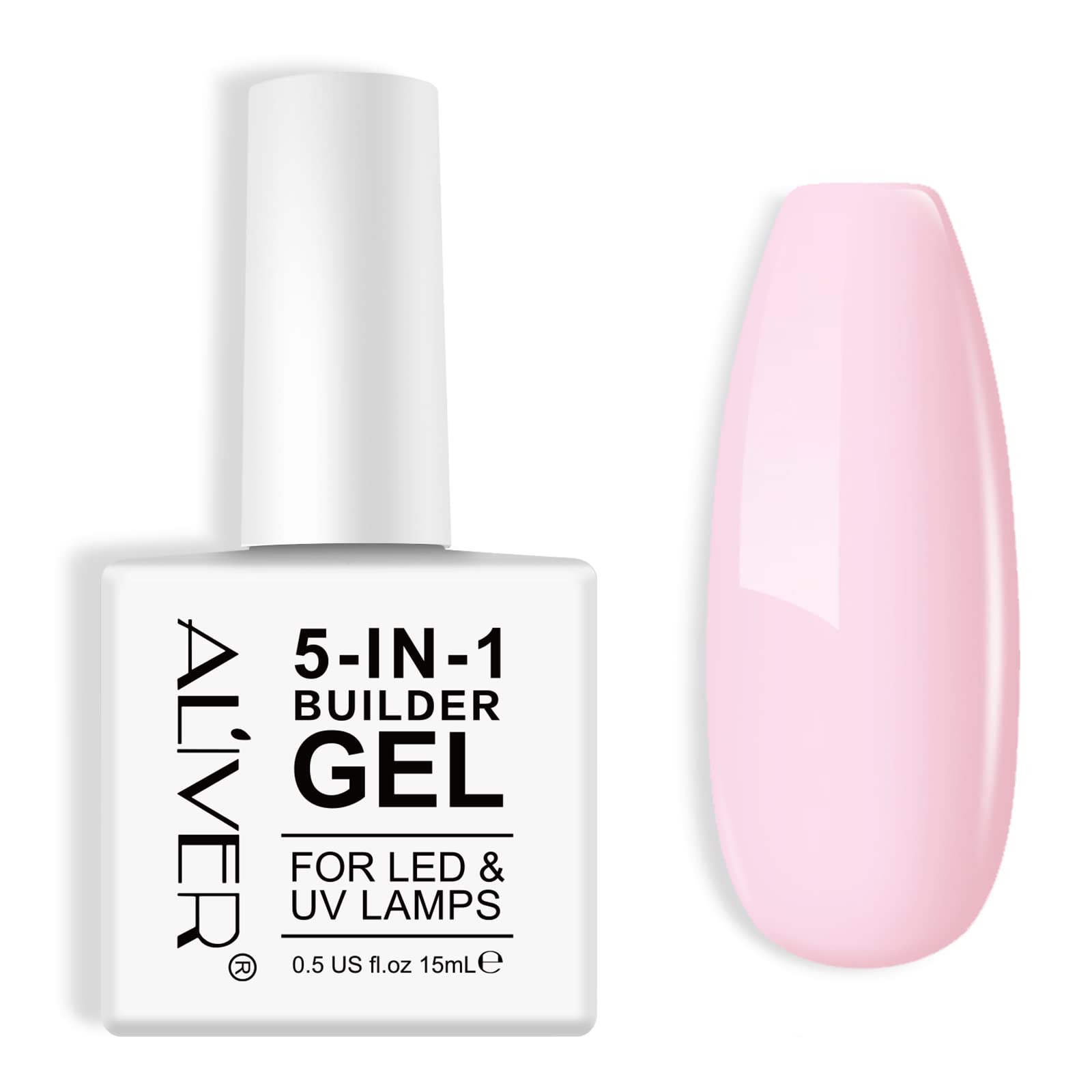 5 in 1 Pink Builder Gel Base Coat Strengthener 15ml - UV Polish for Hard Strong Nails Tips & Extensions, French Manicure, Nail Art Decoration