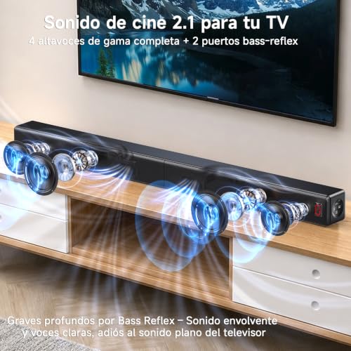 JYX 2.1ch TV Soundbar, 2026 Upgrade 120W 2-in-1 Detachable Bluetooth 5.3 Speaker Bars with ARC/Opt/AUX, Adjustable Bass (4 Speakers + 2 Reflex Tubes)