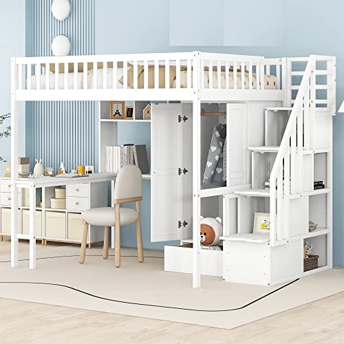 Full Size Loft Bed with Desk and Wardrobe Wood Loft Bed with Stairs ...