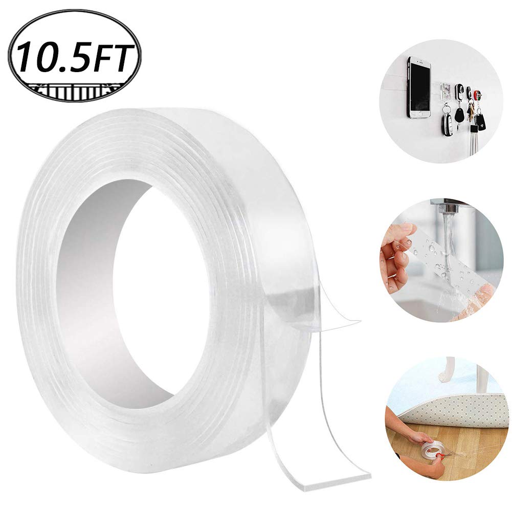 Washable Adhesive Tape, Hompie 10.5FT Traceless Reusable Clear Double Sided Anti-Slip Nano Gel Pads,Removable Sticky Transparent Strips Grip for Glass, Metal, Kitchen Cabinets or Tile -3.2m