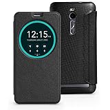 FanTEK ASUS ZenFone 2 ZE550ML ZE551ML 5.5-Inch Case - PU Leather Rounded Window Hard Back Shell Auto Sleep Wake Smart Cover (Black)