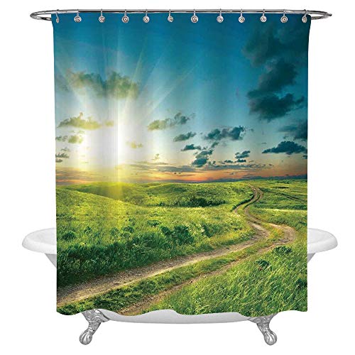 Ylljy00 Nature Shower Curtain Set,Vivid Summer Lanscape with a Dramatic Rural Road and Sky Print Deco Home Waterproof Fabric Bathroom Decorations,Bath Curtains Hooks Included,60x72in,Green Blue