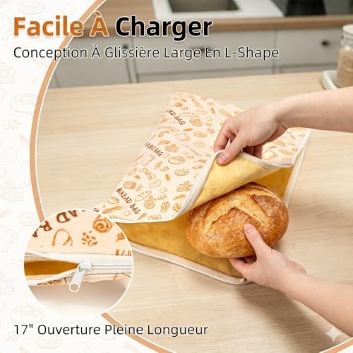 AHJ Sac a Pain Cire Abeille avec Fermeture Éclair, Lot de 2 Sacs de Conservation Pain Réutilisables 43 x 33 cm, Sac à Pain en Coton pour Pain au Levain Fait Maison, Baguette, Fruits et Légumes