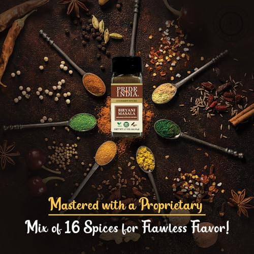 PRIDE OF INDIA – INDIAN BIRYANI MASALA SEASONING SPICE – 2.40 OZ. SMALL DUAL SIFTER BOTTLE – GOURMET SPICE BLEND – IDEAL FOR LAYERED VEGETABLE AND MEAT PILAF – SUITABLE FOR VEGETARIANS & VEGANS