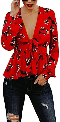 Sophieer Girls Cute Baggy Bowknot Ruched Print Floral Flared Shirt Tunic Top Blouse Red M