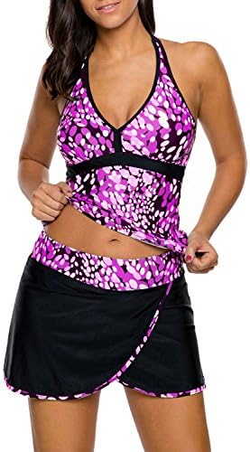 Arainlo Women Bathing Suits Ladies Wrapped Print Tankini Tops Beach Wear Two Piece Swimsuit With Skirted Bottom Purple Large