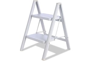 TOOLITIN 2 Step Ladder, Folding Step Stool for Adults with Wide Anti-Slip Pedal, Lightweight, Perfect for Kitchen& Household, Library Office,330lbs Capacity Sturdy Steel Ladder,White