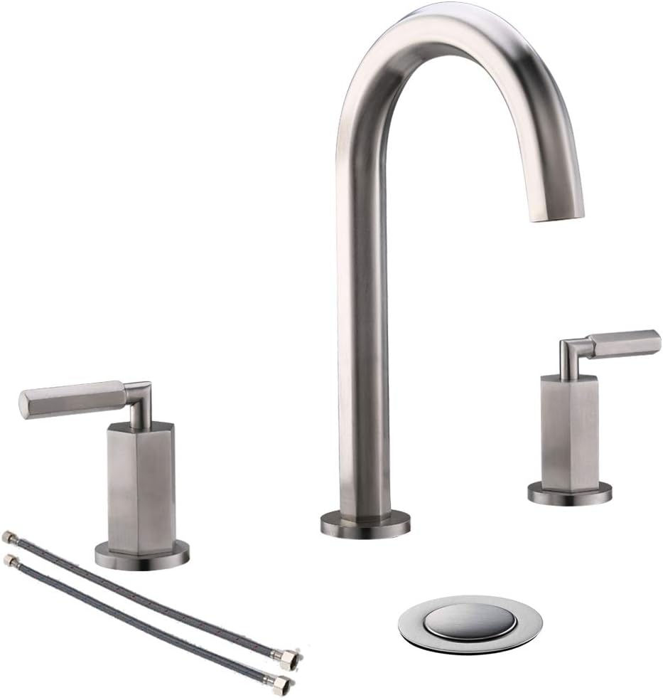 8-Inch Widespread Bathroom Faucet Brushed Nickel 2-Handle Bathroom Faucet for 3-Hole by Phiestina,with Stainless Steel Metal Pop Up Drain,NS-WF001-6-BN