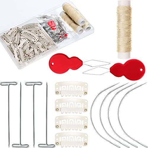 85 Pieces Hair Extensions Clip Wig Making Set, Includes 50 U-Shape Snap Clips, 10 Curved Needles, 20 T-Pins, 3 Rolls Weaving Thread, 2 Needle Threader for Wig Making Hair Extensions (Beige) at Amazon