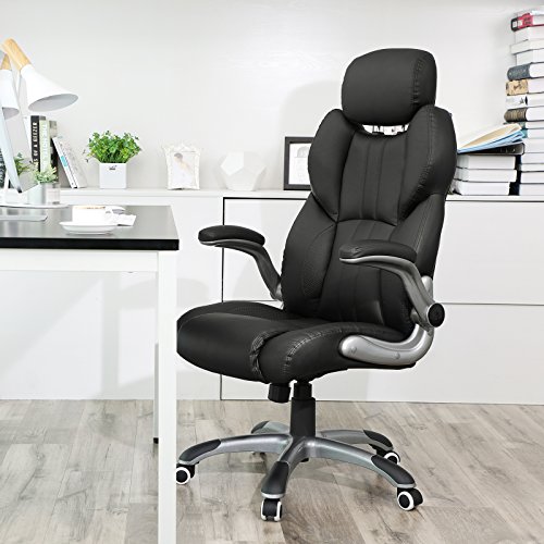SONGMICS-Sedia-ergonomica-girevole-con-base-a-stella-in-nylon-con-braccioli-pieghevoli-120-137-cm-Nero