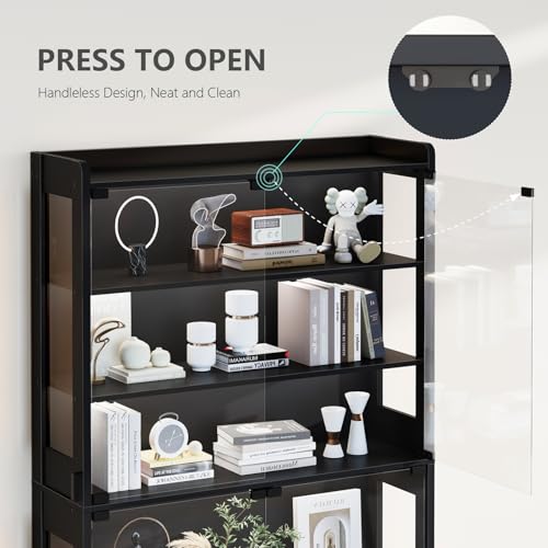 ROCHECASA Display Cabinet with Glass Door 69''H, 6-Tier Display Case for Collectibles with LED Lights and Drawers, Showcase, Freestanding Curio Cabinet, Tall Storage Shelves, Black, DC001-BK100