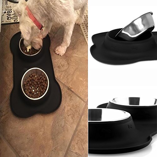 Pet Deluxe Dog Bowls Stainless Steel Dog Bowl with Non Spill Skid Resistant Silicone Mat 12 oz Double Pet Bowls Feeder Bowl for Dogs Cats and Pets (S)