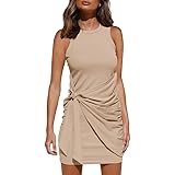 OWIN Women's Summer Casual Sleeveless Tank Dress Crewneck Bodycon Ruched Tie Waist Mini Dresses