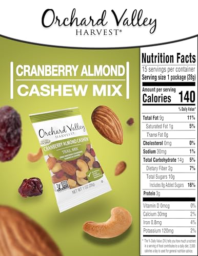ORCHARD VALLEY HARVEST CRANBERRY ALMOND CASHEW TRAIL MIX, 1 OUNCE BAGS (PACK OF 15), CRANBERRIES, ALMONDS, AND CASHEWS, TRAIL MIX INDIVIDUAL PACKS, NON-GMO, NO ARTIFICIAL INGREDIENTS
