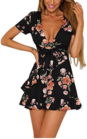 Siyinfushi Women Print Long Sleeve Sexy Deep V-neck Casual Summer Mini Dress (XL, 10-Flo)