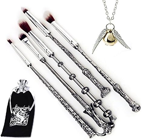 Wizard Wand Potter Makeup Brushes - Metal 5 Set Cosmetic Brushes for Foundation Blending Concealer Eye Shadow Eyebrow Synthetic Fiber Bristles Brush with Deathly Hallows Necklace Gift (gray)