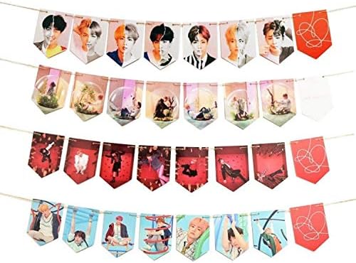 32 PCS Love Yourself 結 'Answer' Hanging Banner, 4 x 2 Meter BTS Flag Garland with 2PCS Tattoo Stickers for Home Decor Party Decoration and A.R.M.Y