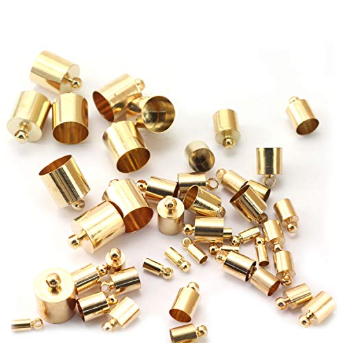 NX Garden 50pcs KC Gold Tassel Cap Cord End 5 Size Assorted Kit Crimp End Clasps Connector for Leather Cord DIY Jewelry Findings
